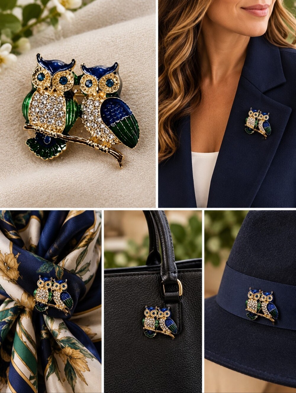 Blue & Green Crystal Owl Brooch